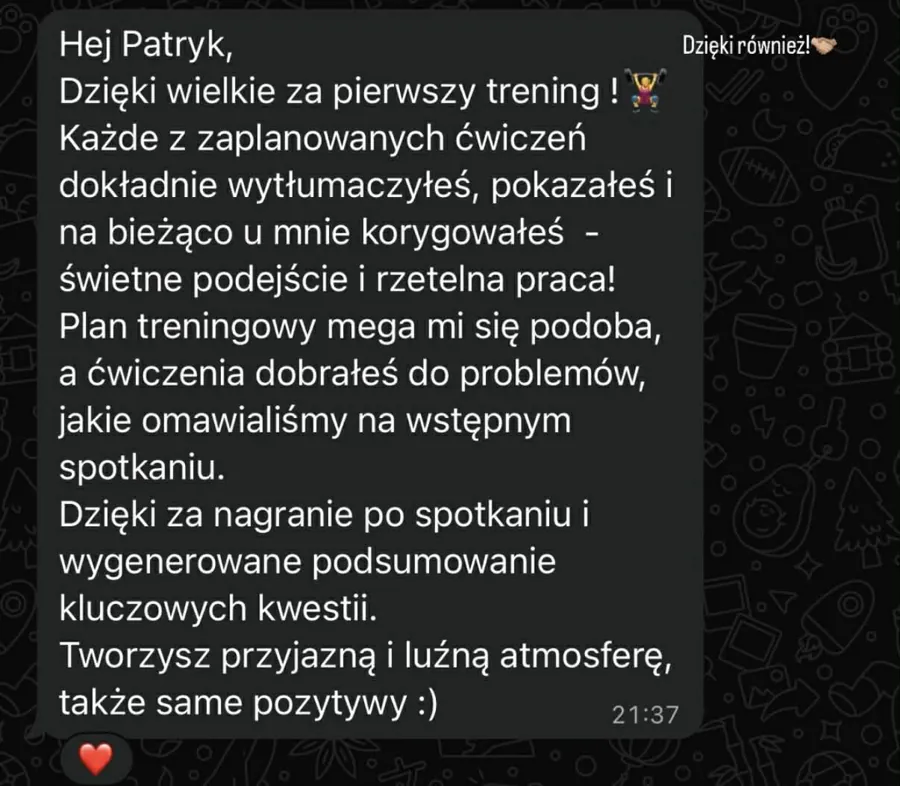 Zrzut ekranu wiadomości z opinią podopiecznego
