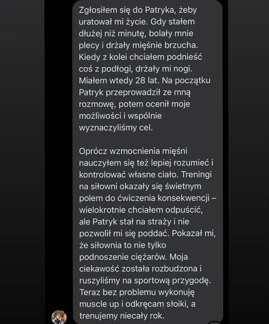 Zrzut ekranu wiadomości z opinią podopiecznego