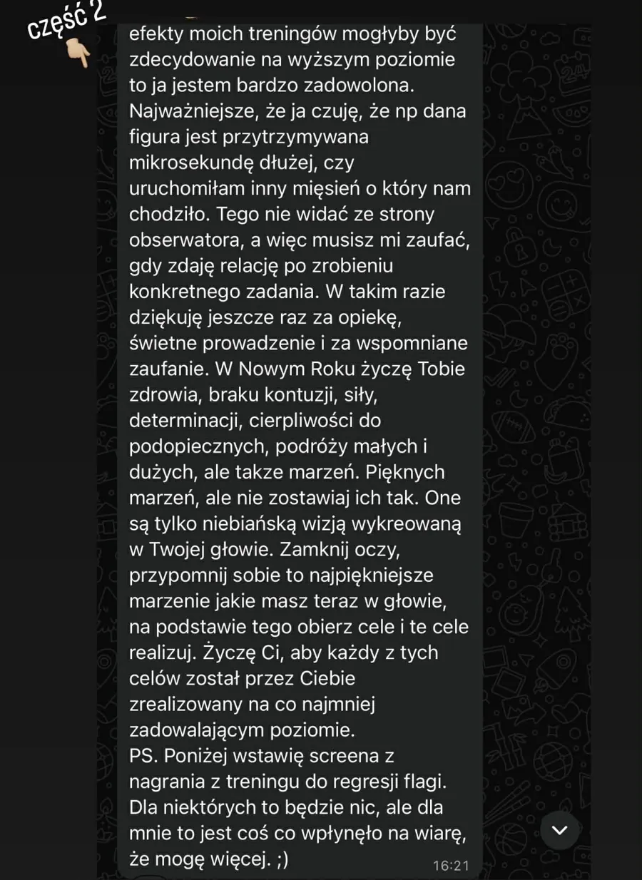 Zrzut ekranu wiadomości z opinią podopiecznego
