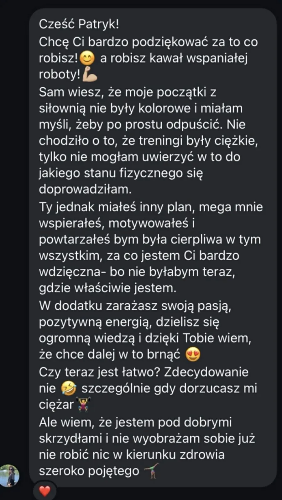 Zrzut ekranu wiadomości z opinią podopiecznego