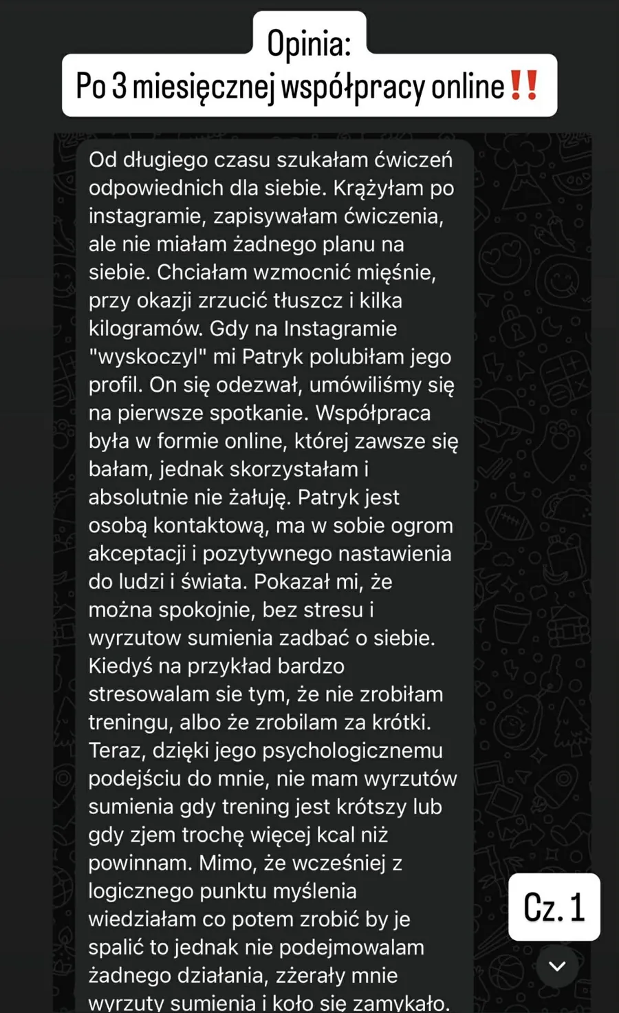 Zrzut ekranu wiadomości z opinią podopiecznego