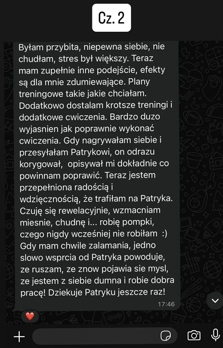 Zrzut ekranu wiadomości z opinią podopiecznego