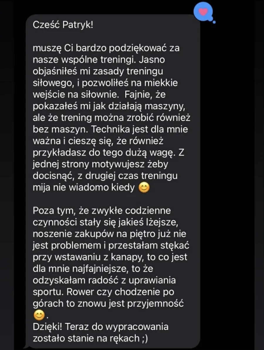 Zrzut ekranu wiadomości z opinią podopiecznego