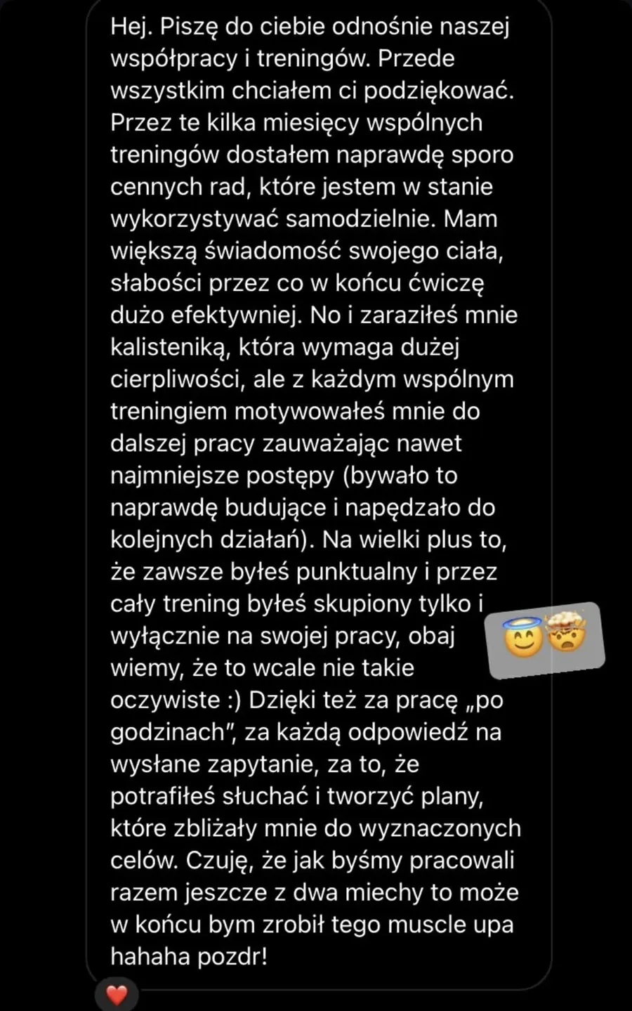 Zrzut ekranu wiadomości z opinią podopiecznego