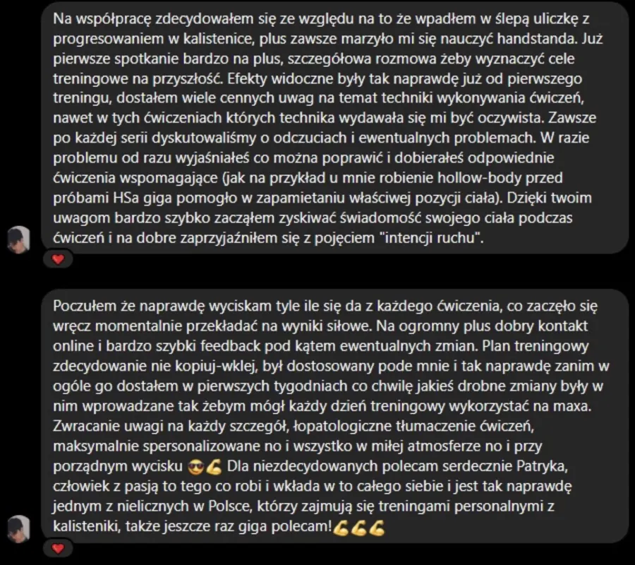 Zrzut ekranu wiadomości z opinią podopiecznego