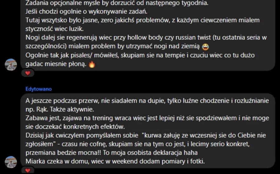 Zrzut ekranu wiadomości z opinią podopiecznego