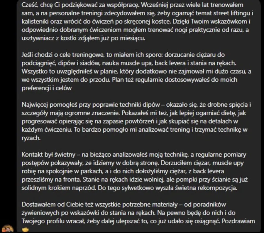 Zrzut ekranu wiadomości z opinią podopiecznego