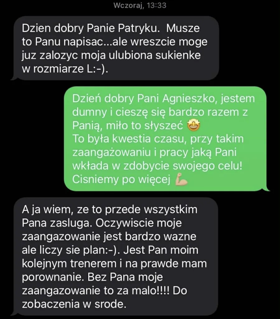 Zrzut ekranu wiadomości z opinią podopiecznego