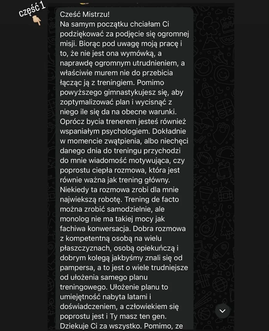 Zrzut ekranu wiadomości z opinią podopiecznego